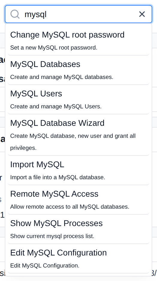 Search box opened from the magnifying glass icon in the header, with results for mysql
