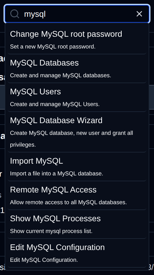 Search box opened from the magnifying glass icon in the header, with results for mysql