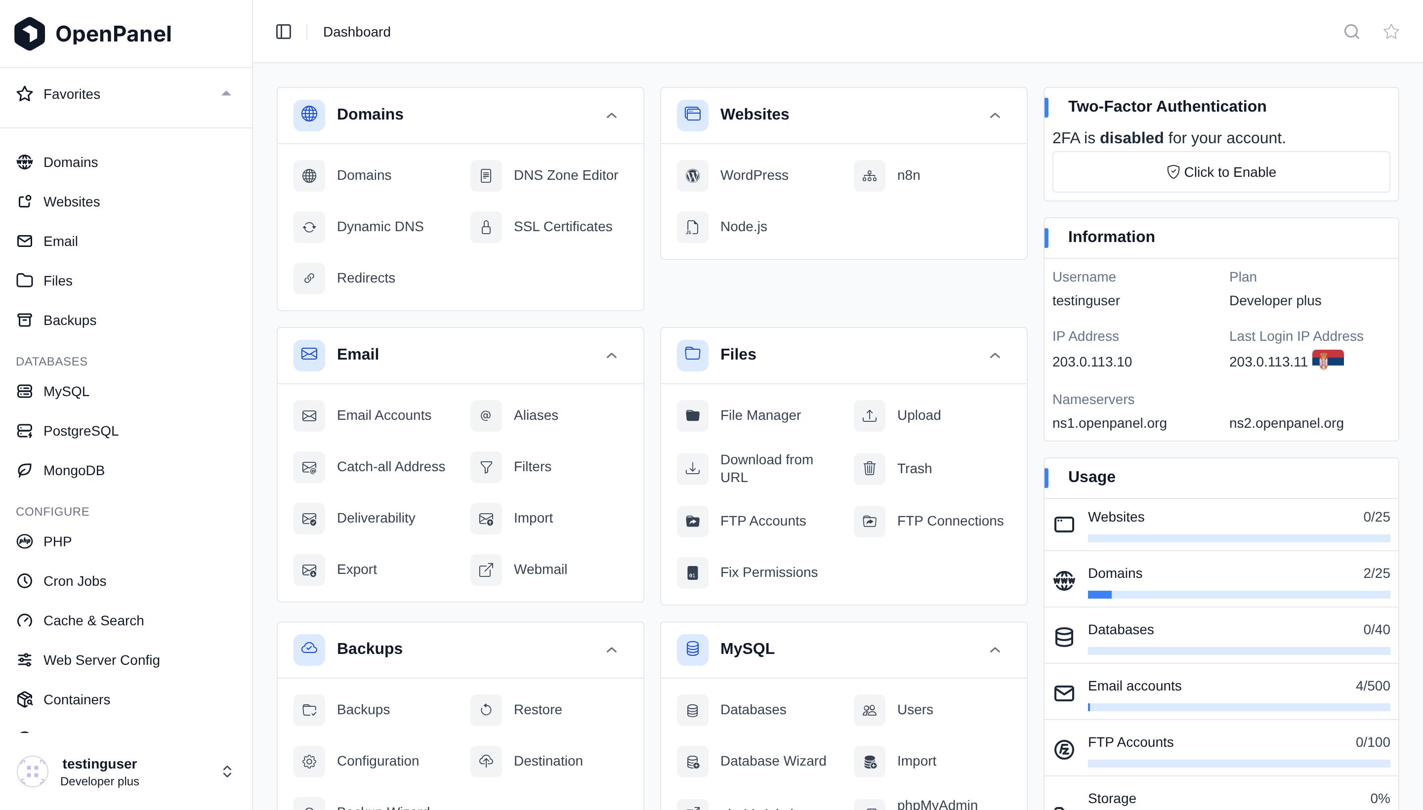 OpenPanel dashboard with the sidebar, feature shortcuts in two columns of sections, and the 2FA, Information and Usage widgets