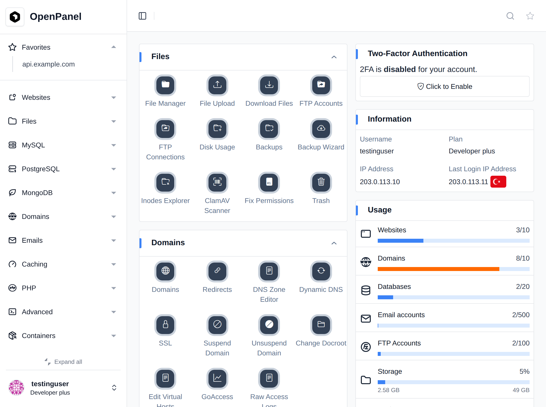 OpenPanel dashboard with the sidebar, feature shortcuts grouped by section, and the 2FA, Information and Usage widgets