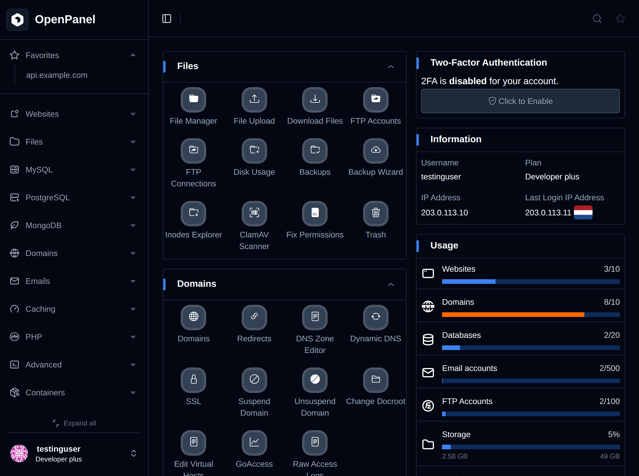 OpenPanel dashboard with the sidebar, feature shortcuts grouped by section, and the 2FA, Information and Usage widgets
