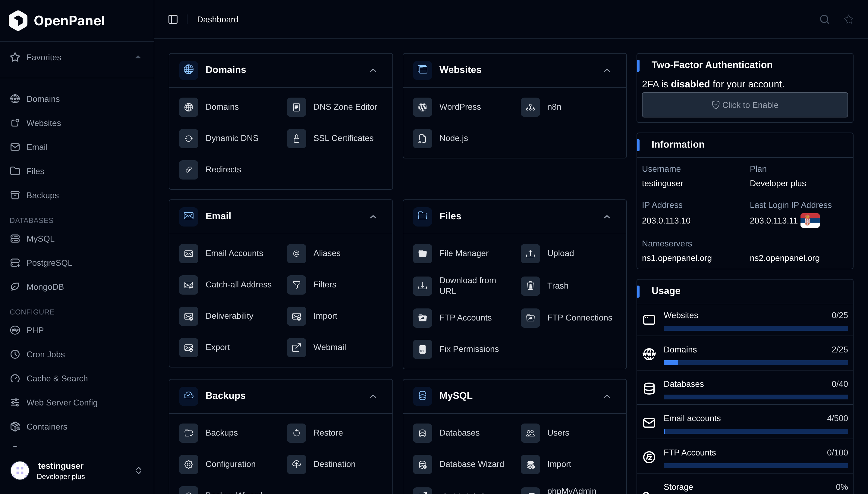 OpenPanel dashboard with the sidebar, feature shortcuts in two columns of sections, and the 2FA, Information and Usage widgets