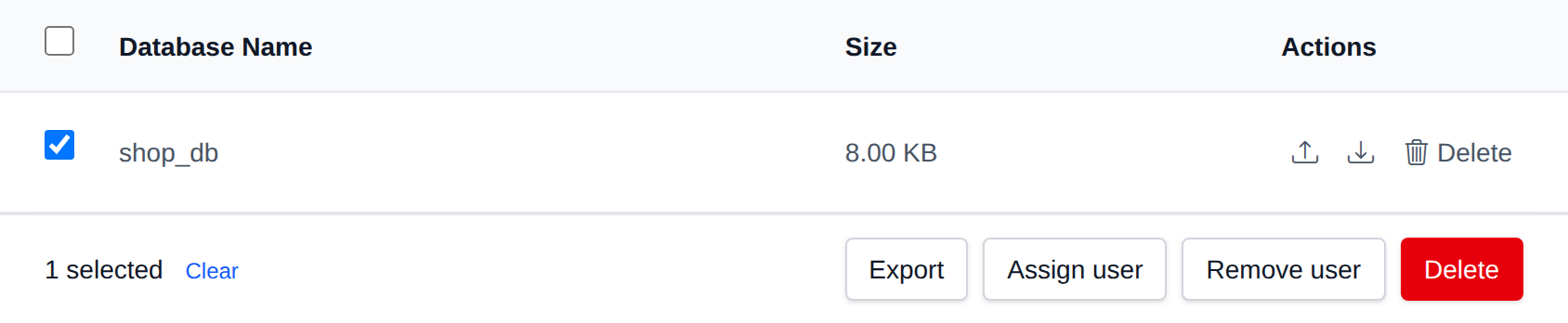 A MongoDB database selected with the bulk actions bar offering Export, Assign user, Remove user and Delete