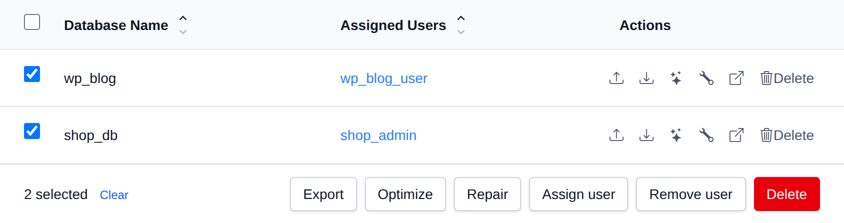 Two databases selected with the bulk actions bar offering Export, Optimize, Repair, Assign user, Remove user and Delete