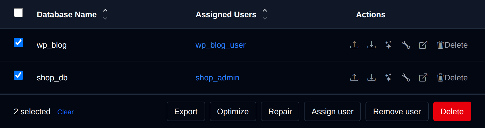Two databases selected with the bulk actions bar offering Export, Optimize, Repair, Assign user, Remove user and Delete