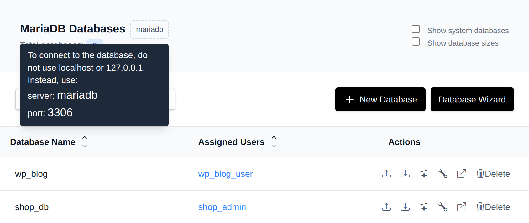 MariaDB badge next to the Databases title hovered, with the tooltip showing the server name and port to connect with