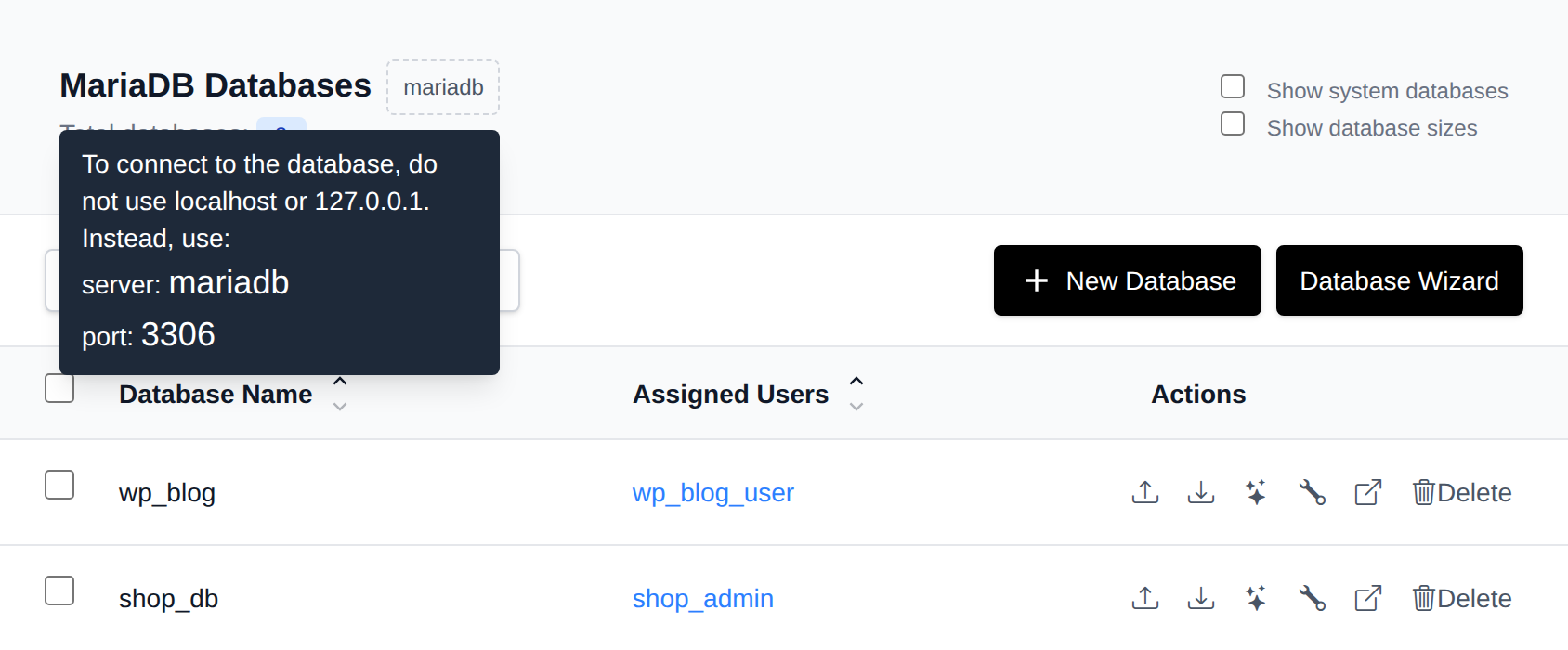 MariaDB badge next to the Databases title hovered, with the tooltip showing the server name and port to connect with