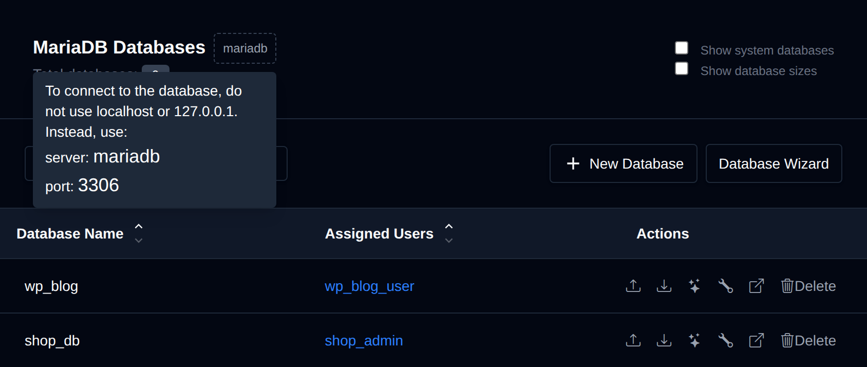 MariaDB badge next to the Databases title hovered, with the tooltip showing the server name and port to connect with