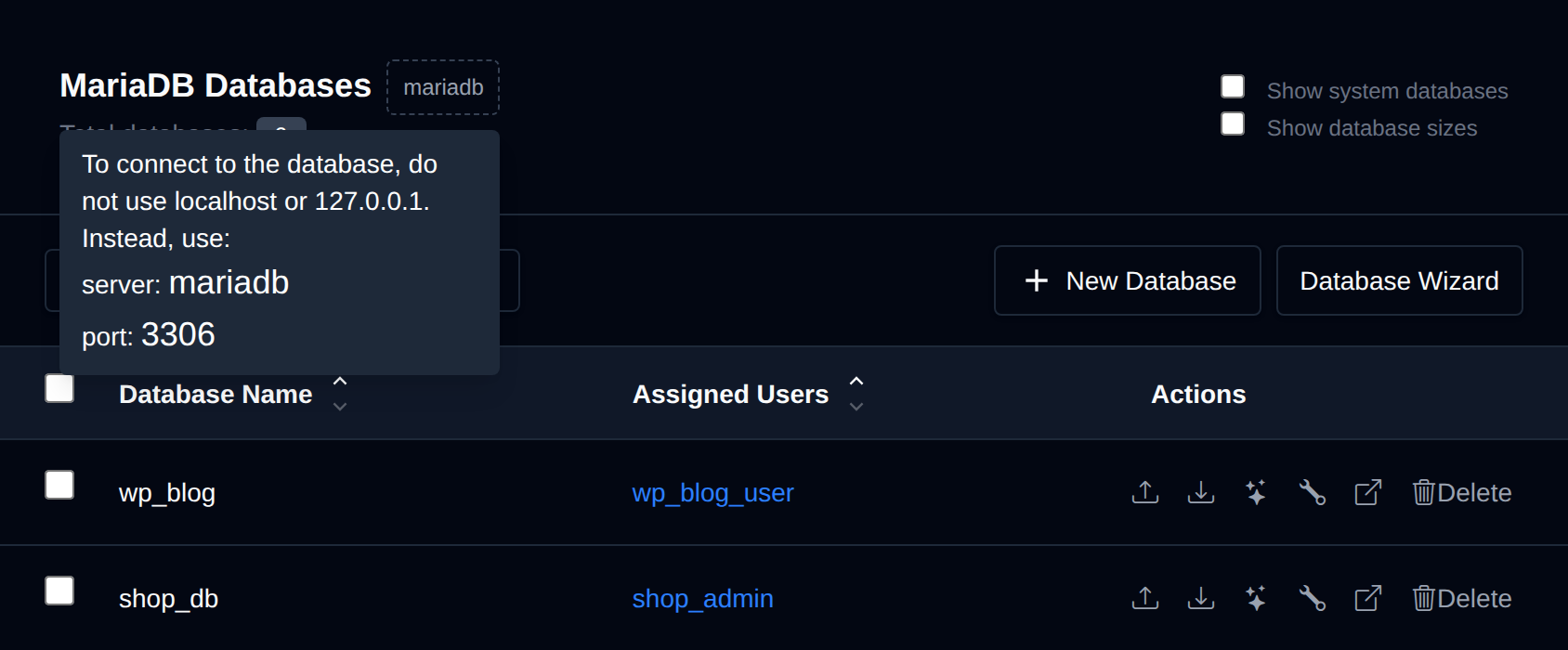MariaDB badge next to the Databases title hovered, with the tooltip showing the server name and port to connect with