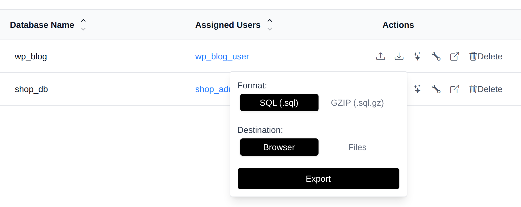 Export panel for a database with the SQL or GZIP format and Browser or Files destination options