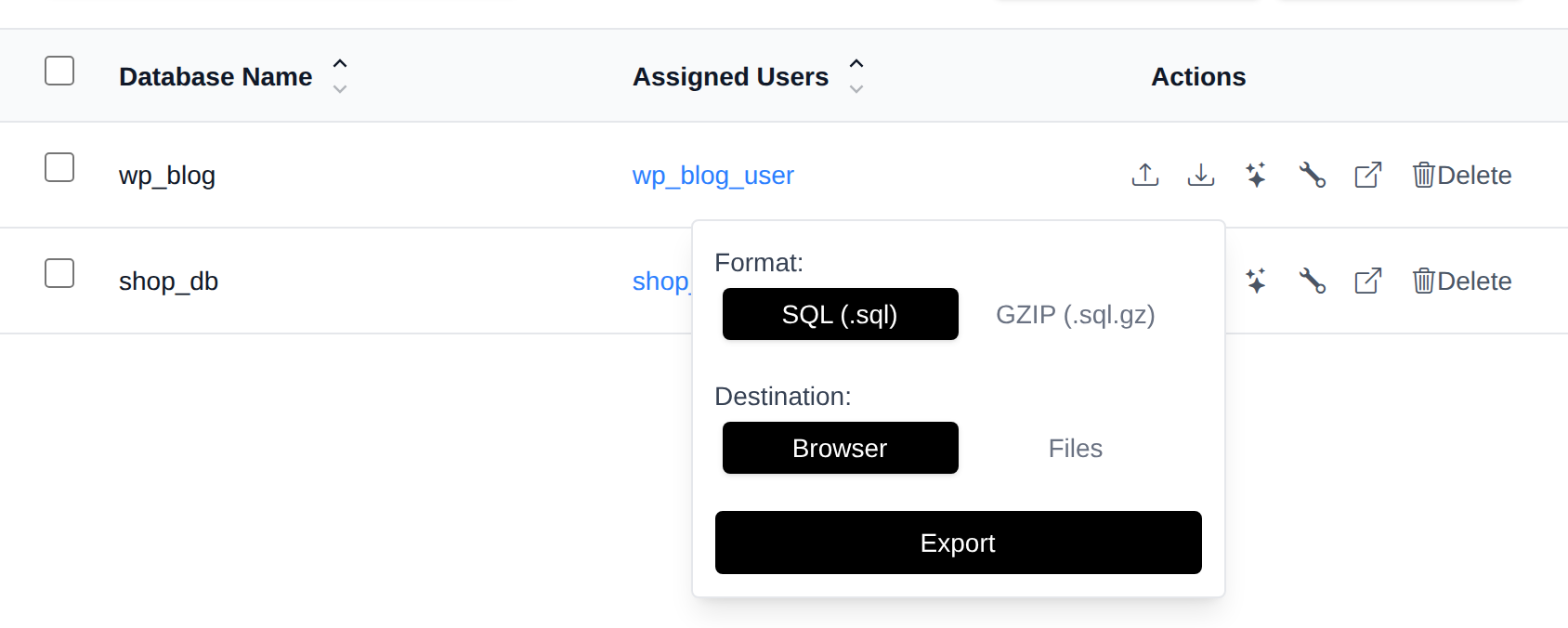 Export panel for a database with the SQL or GZIP format and Browser or Files destination options