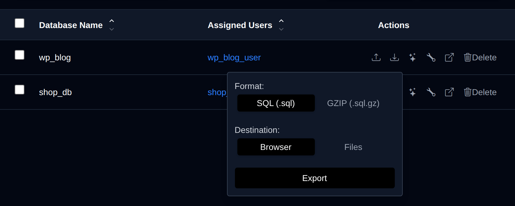 Export panel for a database with the SQL or GZIP format and Browser or Files destination options