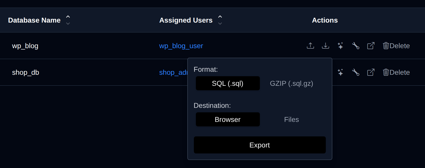 Export panel for a database with the SQL or GZIP format and Browser or Files destination options