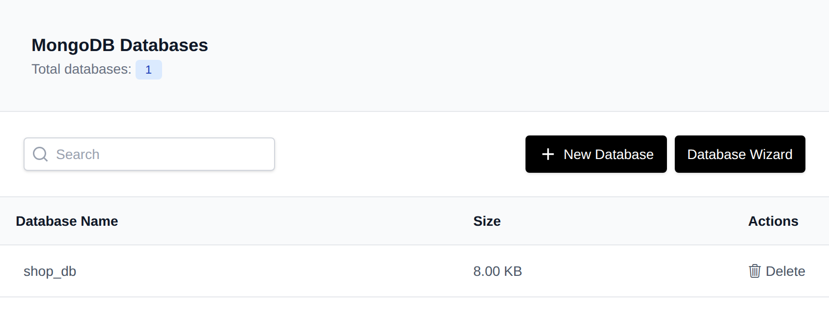 MongoDB Databases page listing databases with their size and the Delete button