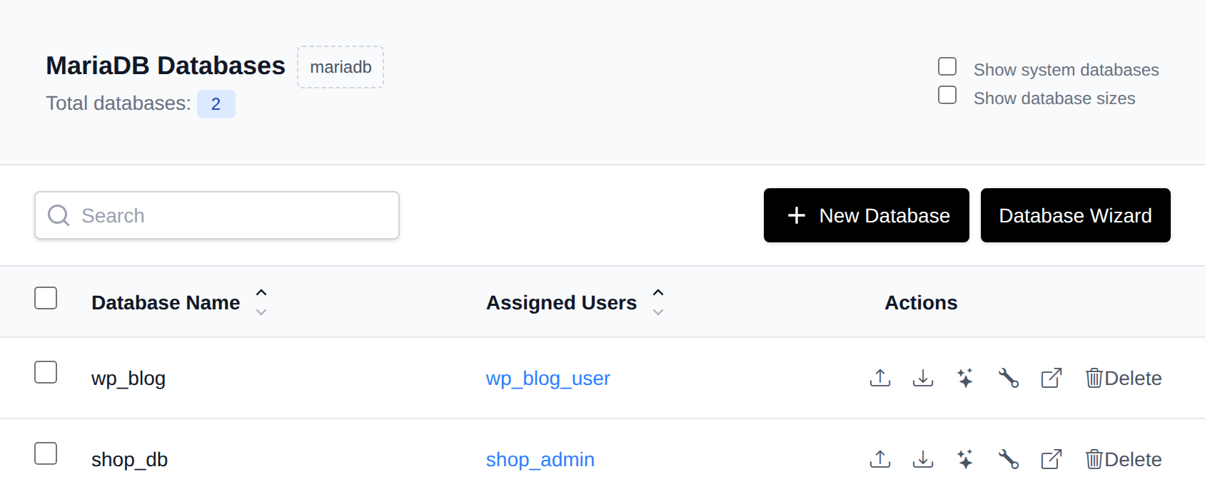 MySQL Databases page listing databases with their assigned users and action buttons