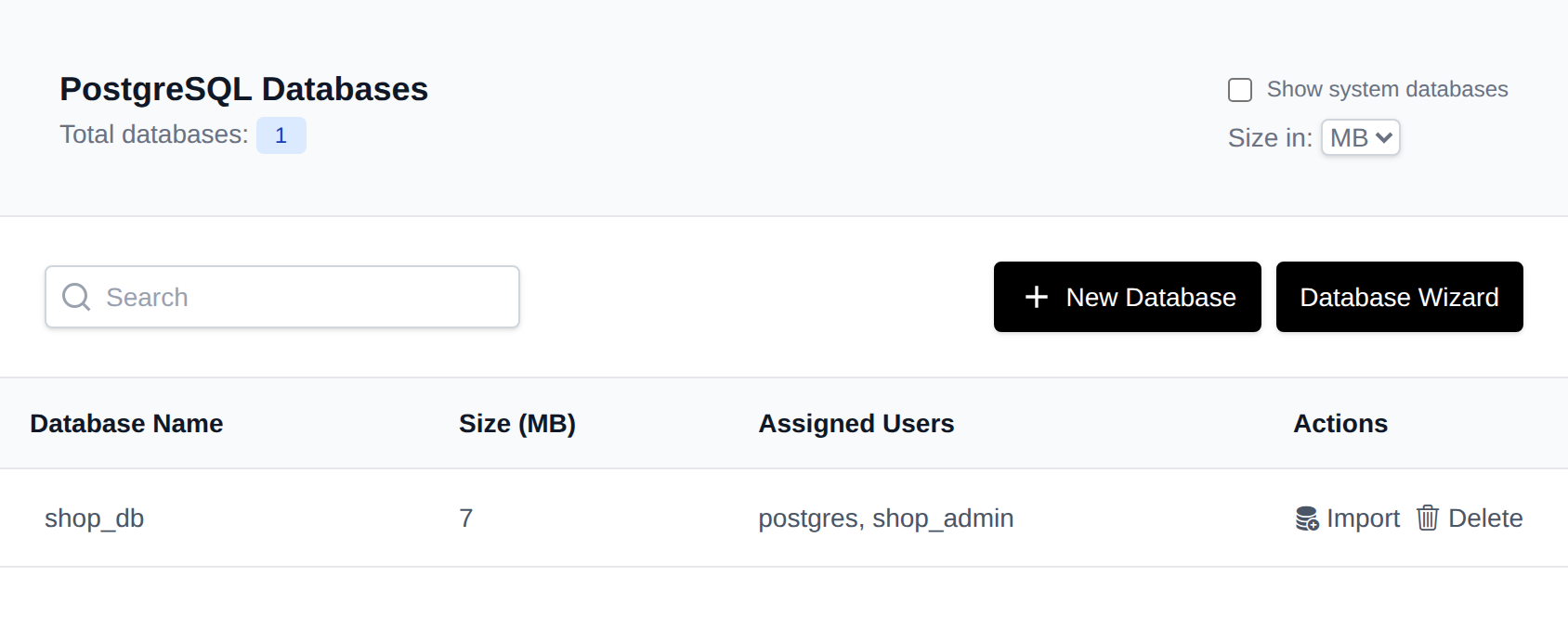 PostgreSQL Databases page listing databases with their size, assigned users and actions