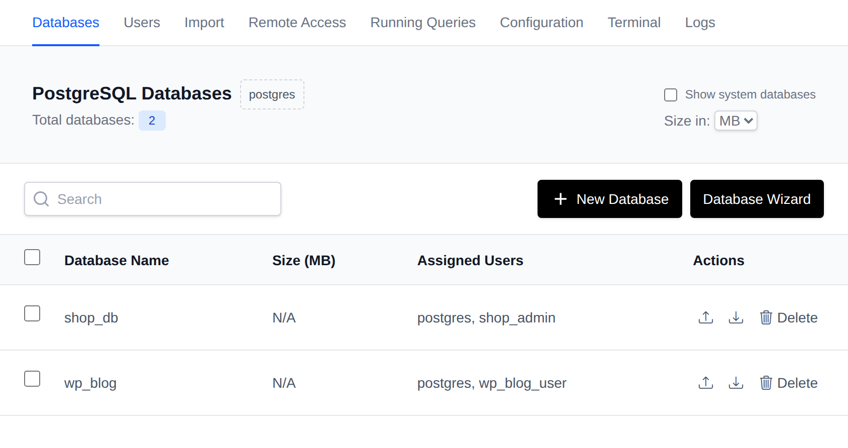 PostgreSQL Databases page listing databases with their size, assigned users and actions