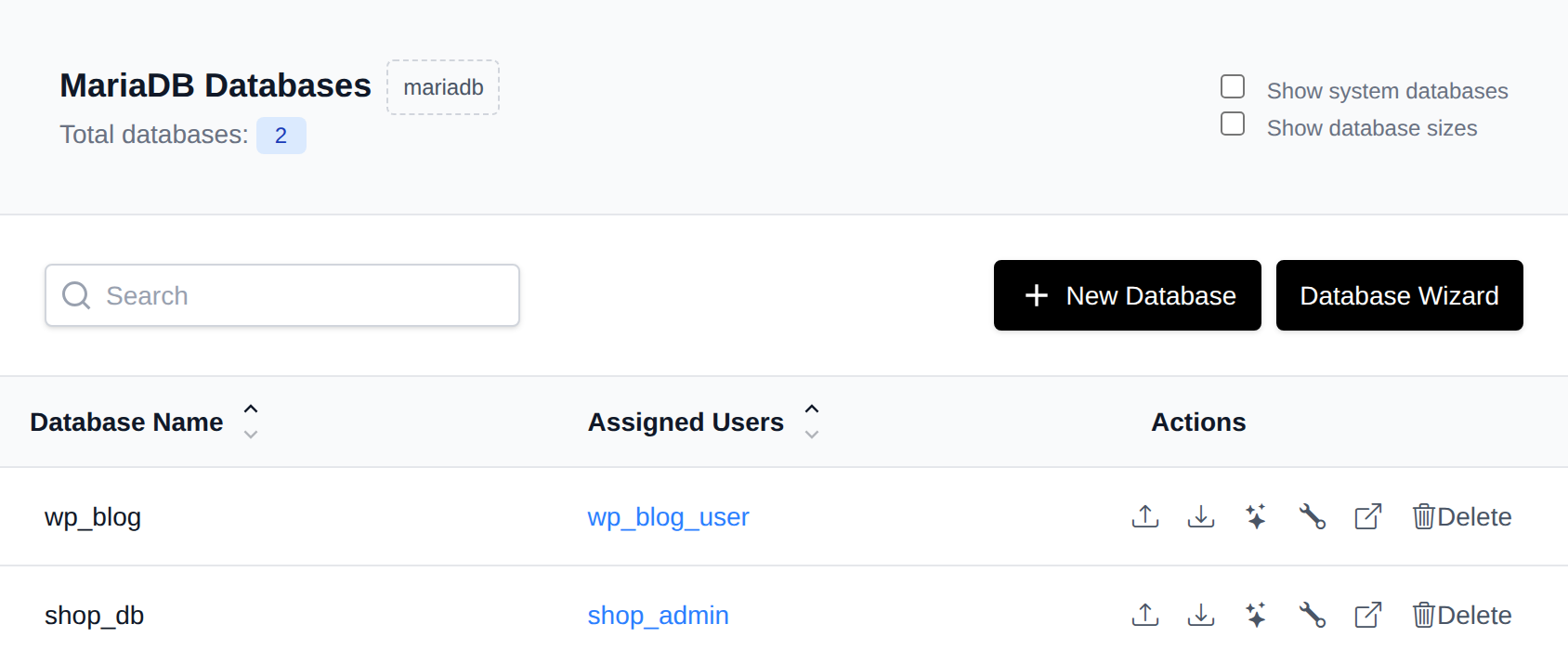 MySQL Databases page listing databases with their assigned users and action buttons