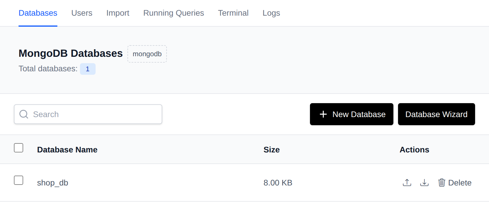 MongoDB Databases page listing databases with their size and the Delete button