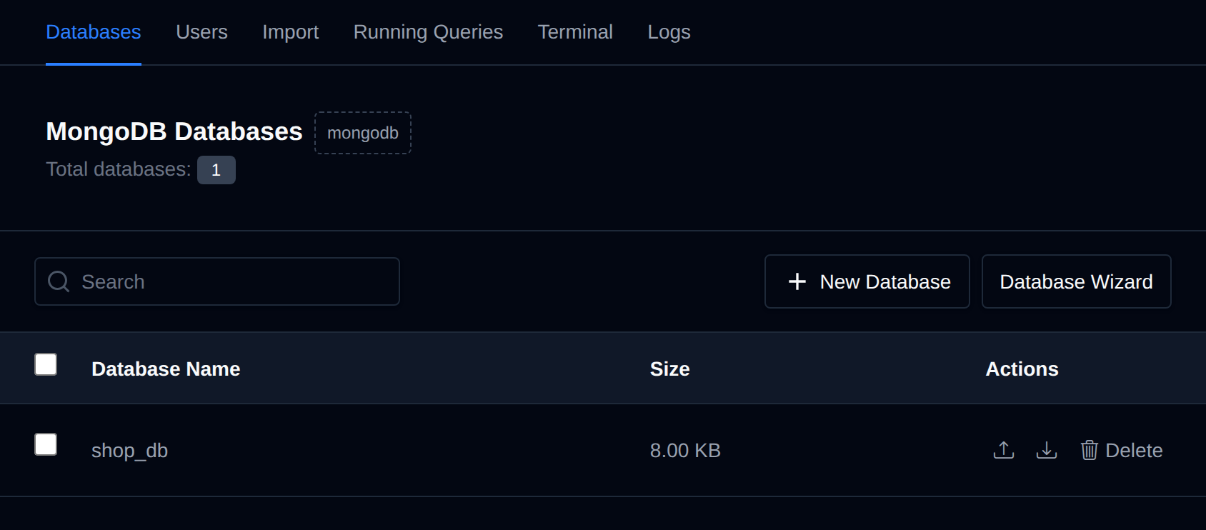 MongoDB Databases page listing databases with their size and the Delete button
