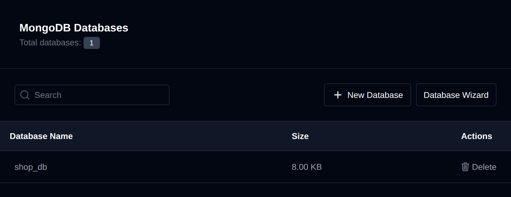 MongoDB Databases page listing databases with their size and the Delete button
