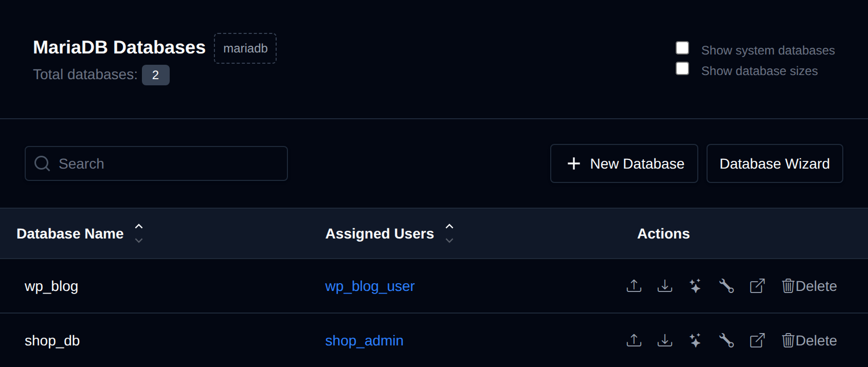 MySQL Databases page listing databases with their assigned users and action buttons