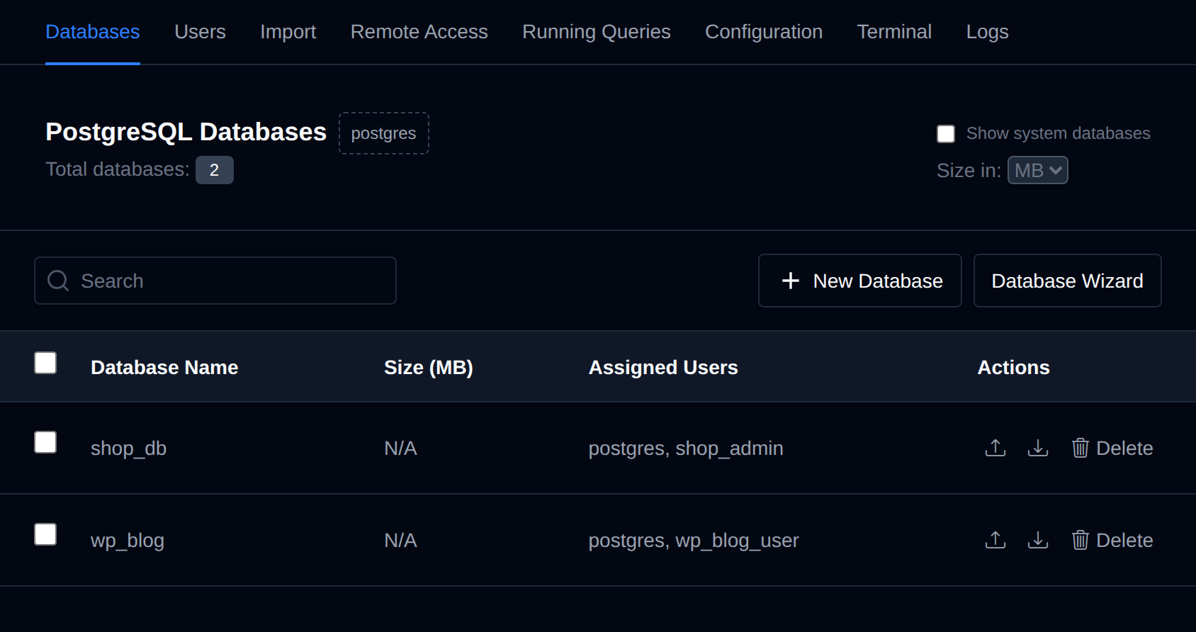 PostgreSQL Databases page listing databases with their size, assigned users and actions