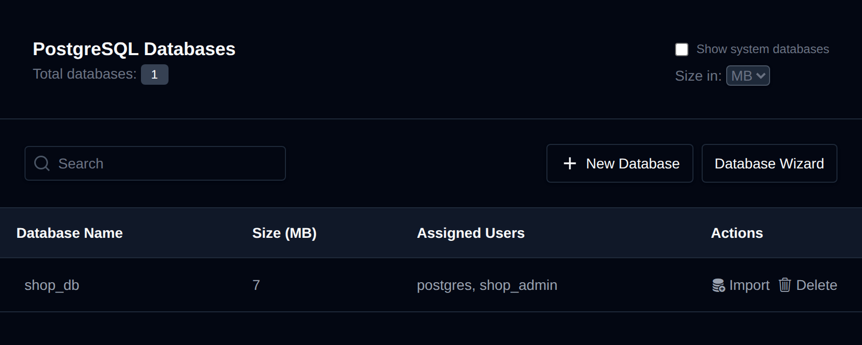 PostgreSQL Databases page listing databases with their size, assigned users and actions