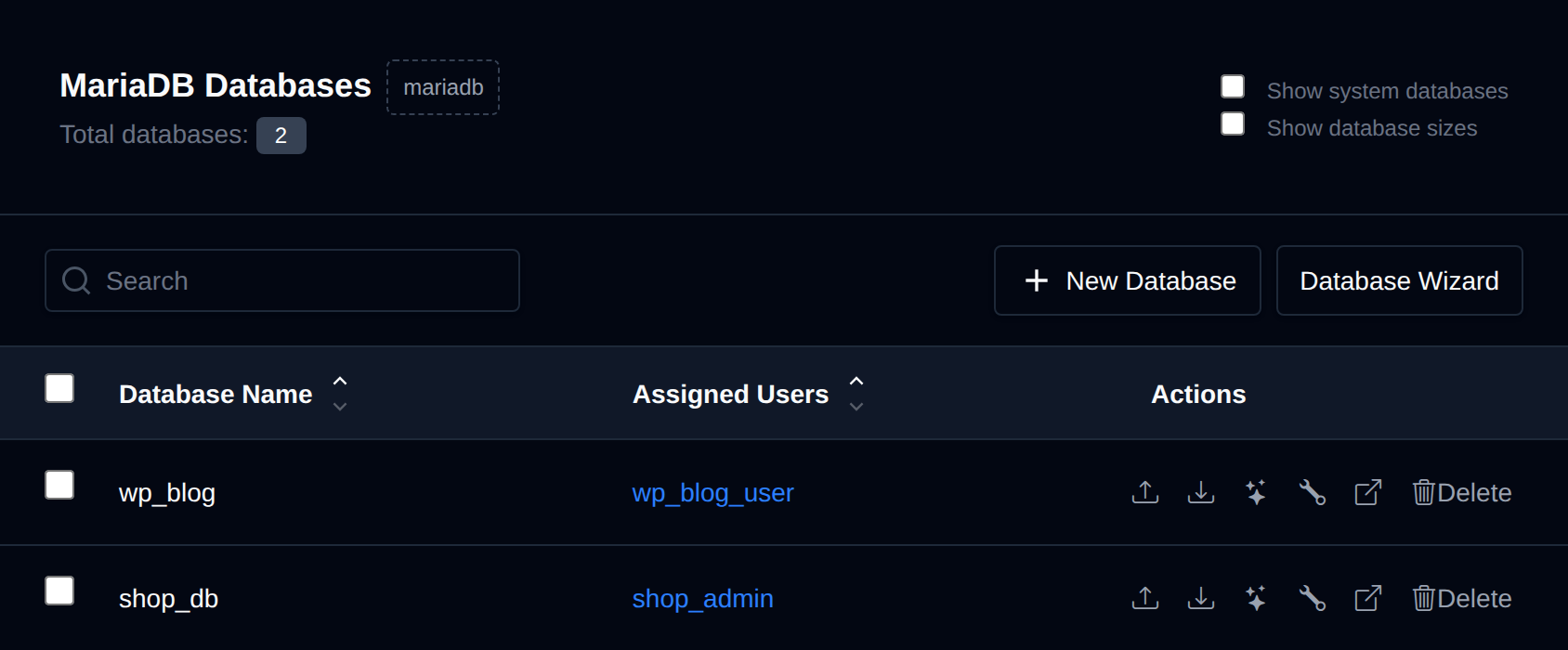 MySQL Databases page listing databases with their assigned users and action buttons