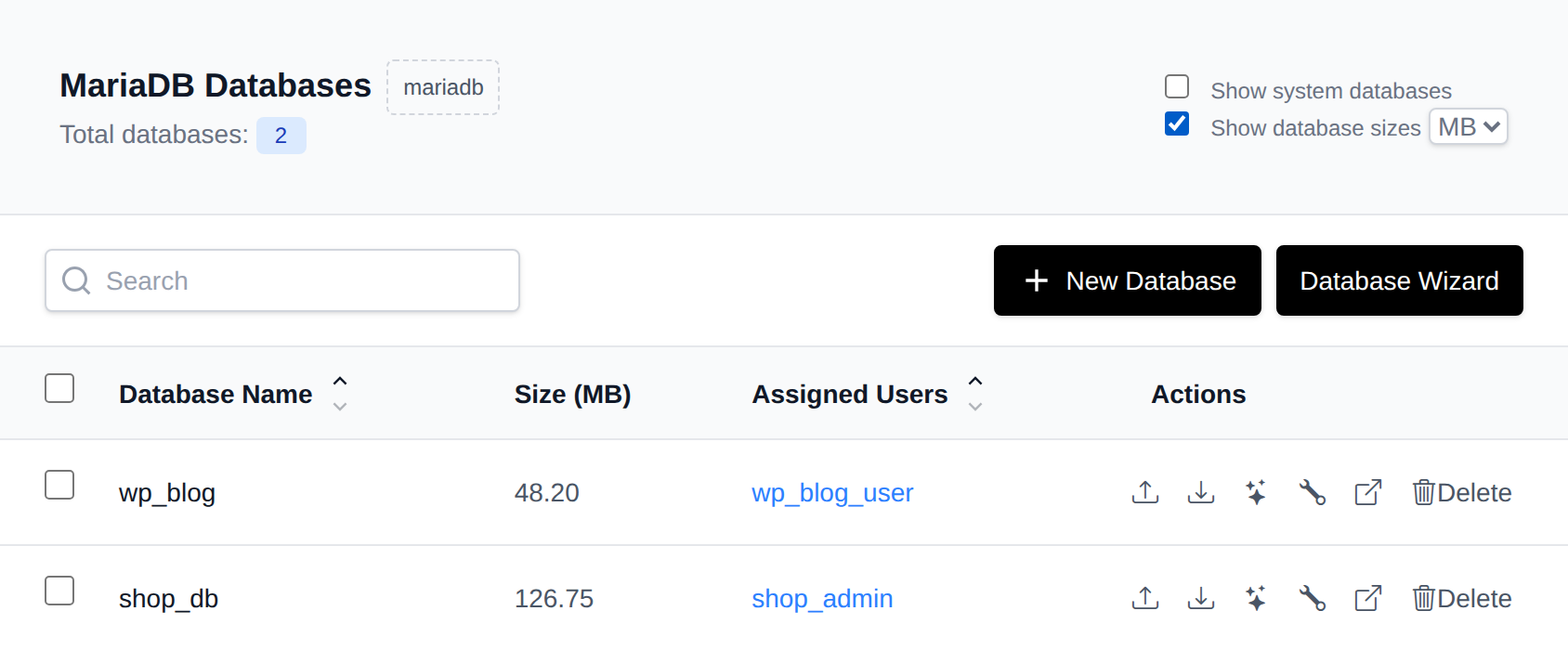 Databases table with Show database sizes enabled and the size unit dropdown set to MB