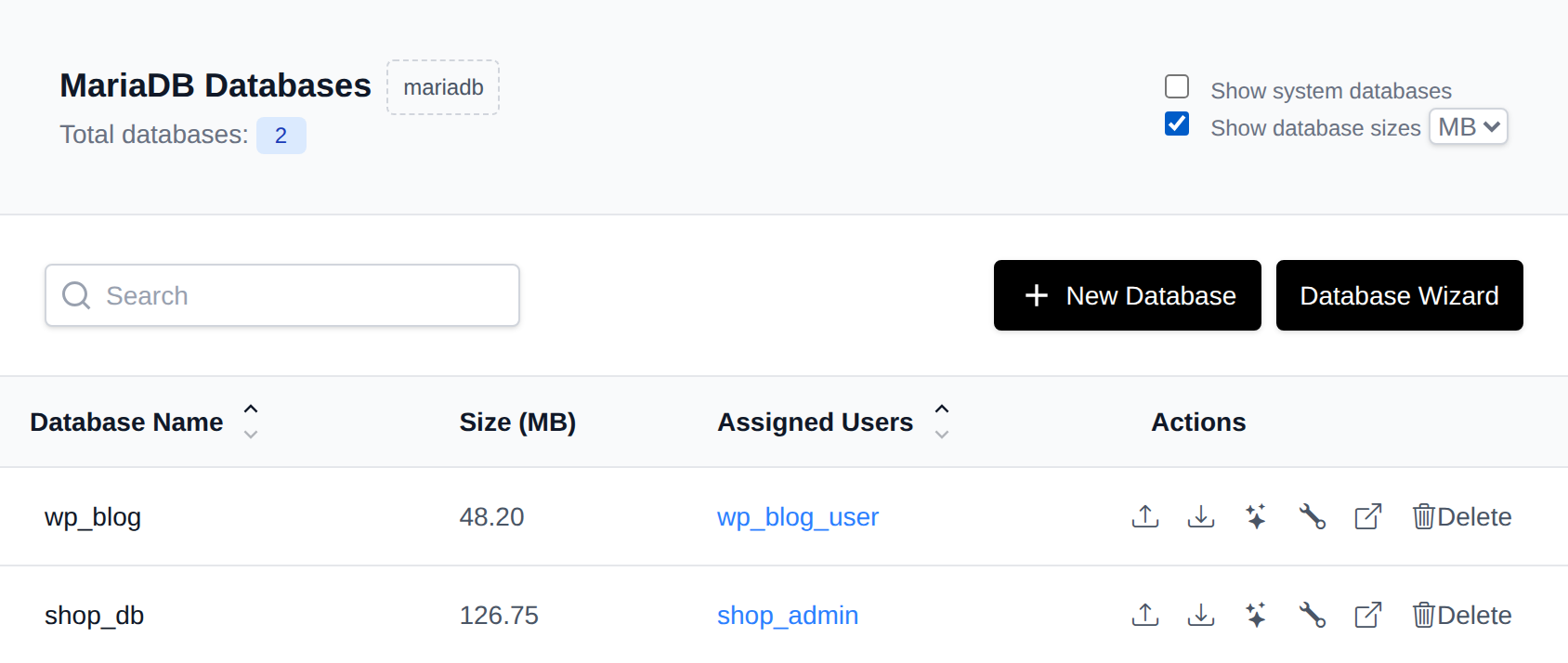 Databases table with Show database sizes enabled and the size unit dropdown set to MB