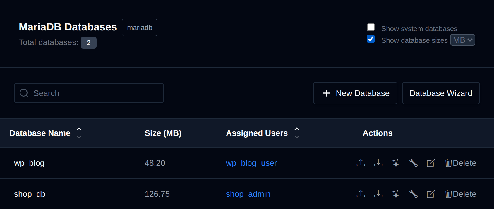 Databases table with Show database sizes enabled and the size unit dropdown set to MB