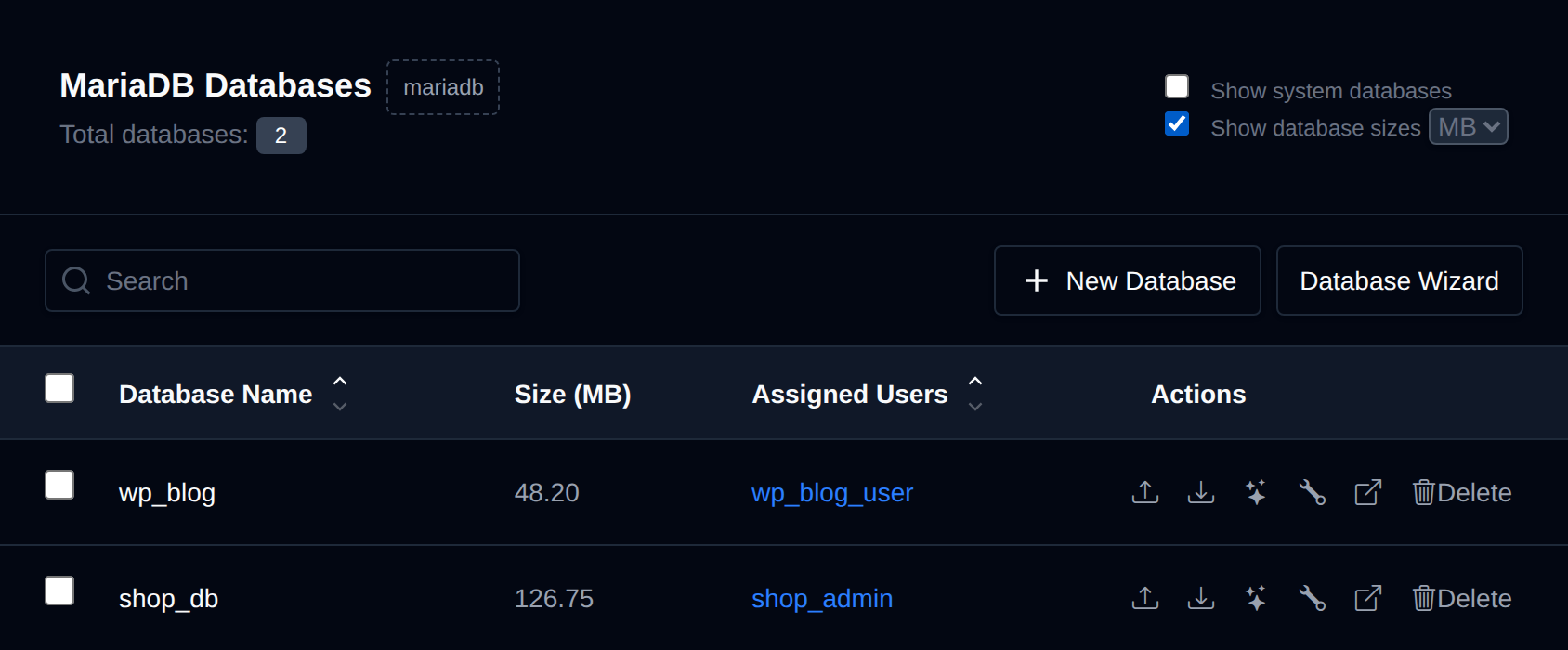 Databases table with Show database sizes enabled and the size unit dropdown set to MB