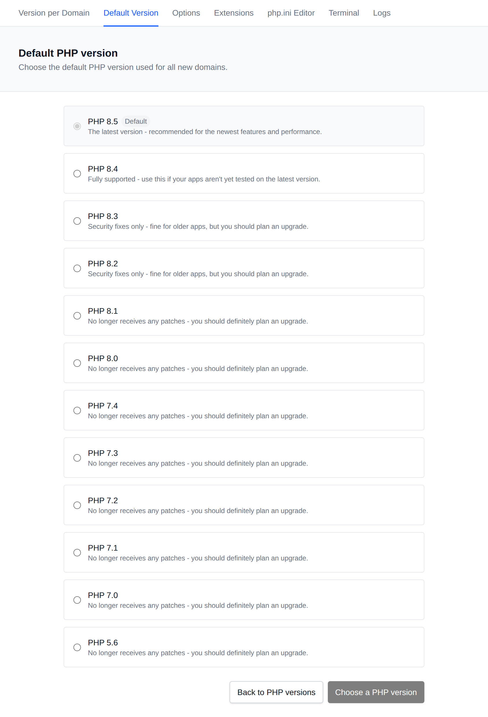 Default PHP version page with a card for each installed PHP version, its support status and the current default marked