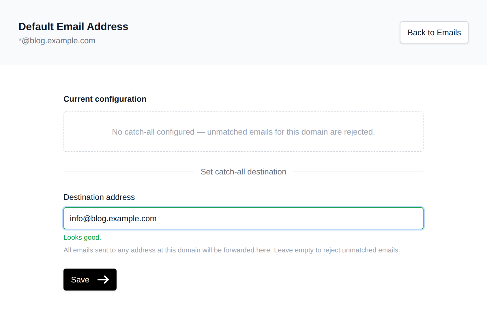 Default Email Address page with the current catch-all configuration and the destination address field
