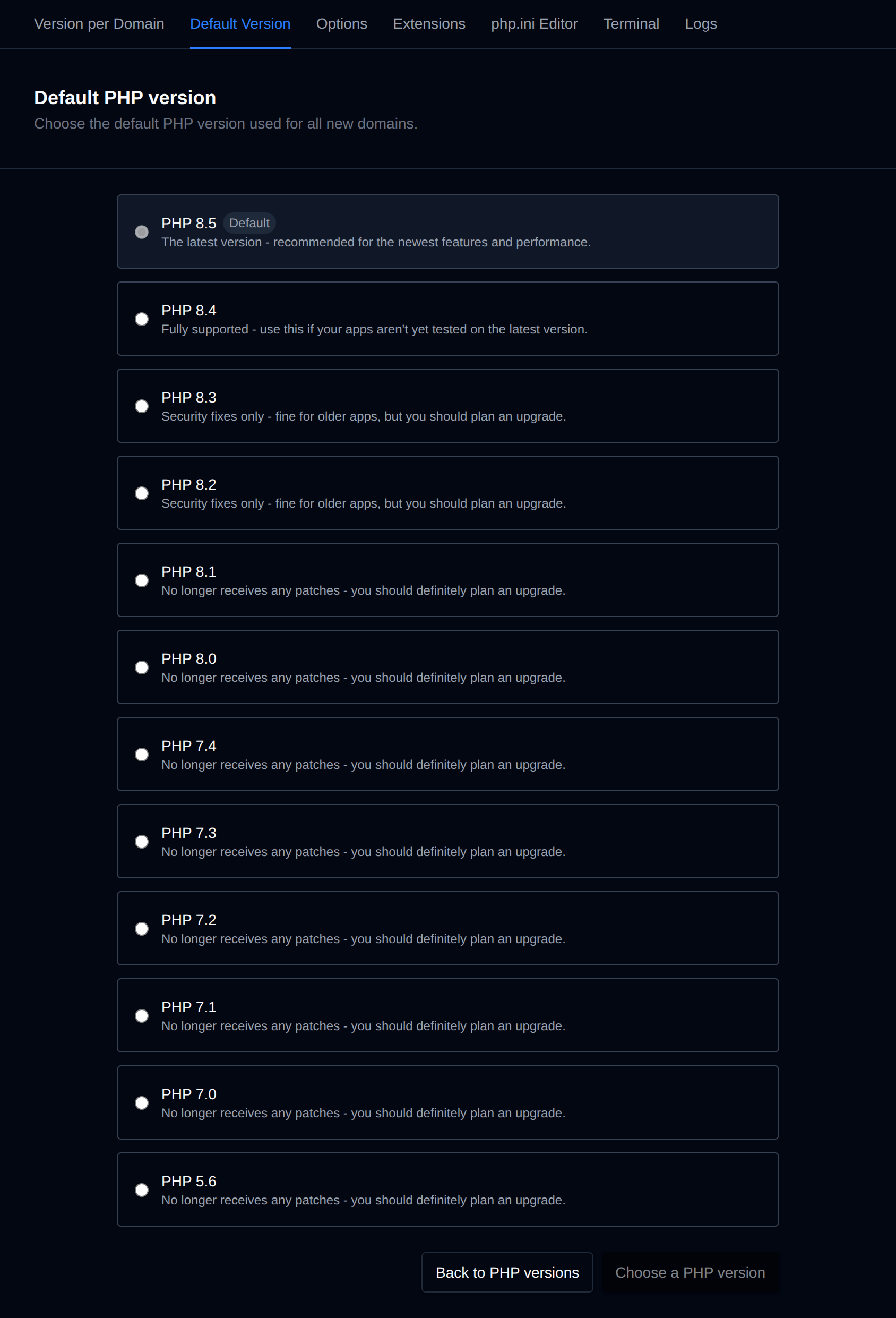 Default PHP version page with a card for each installed PHP version, its support status and the current default marked