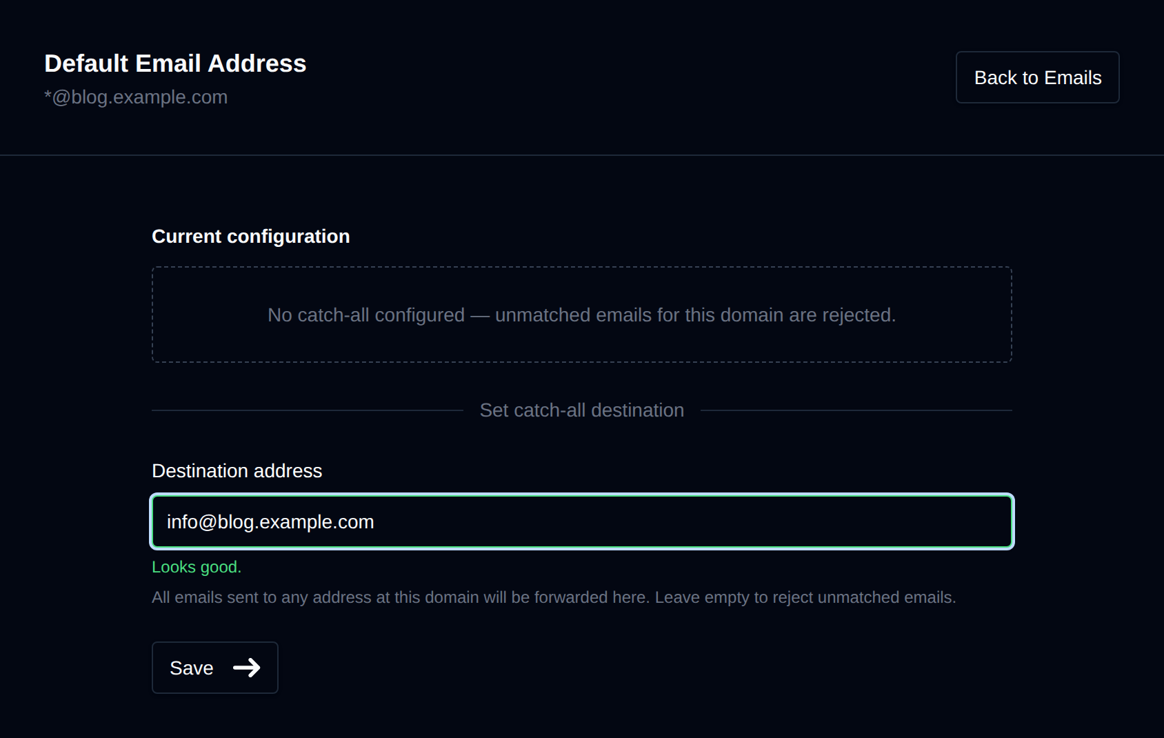 Default Email Address page with the current catch-all configuration and the destination address field