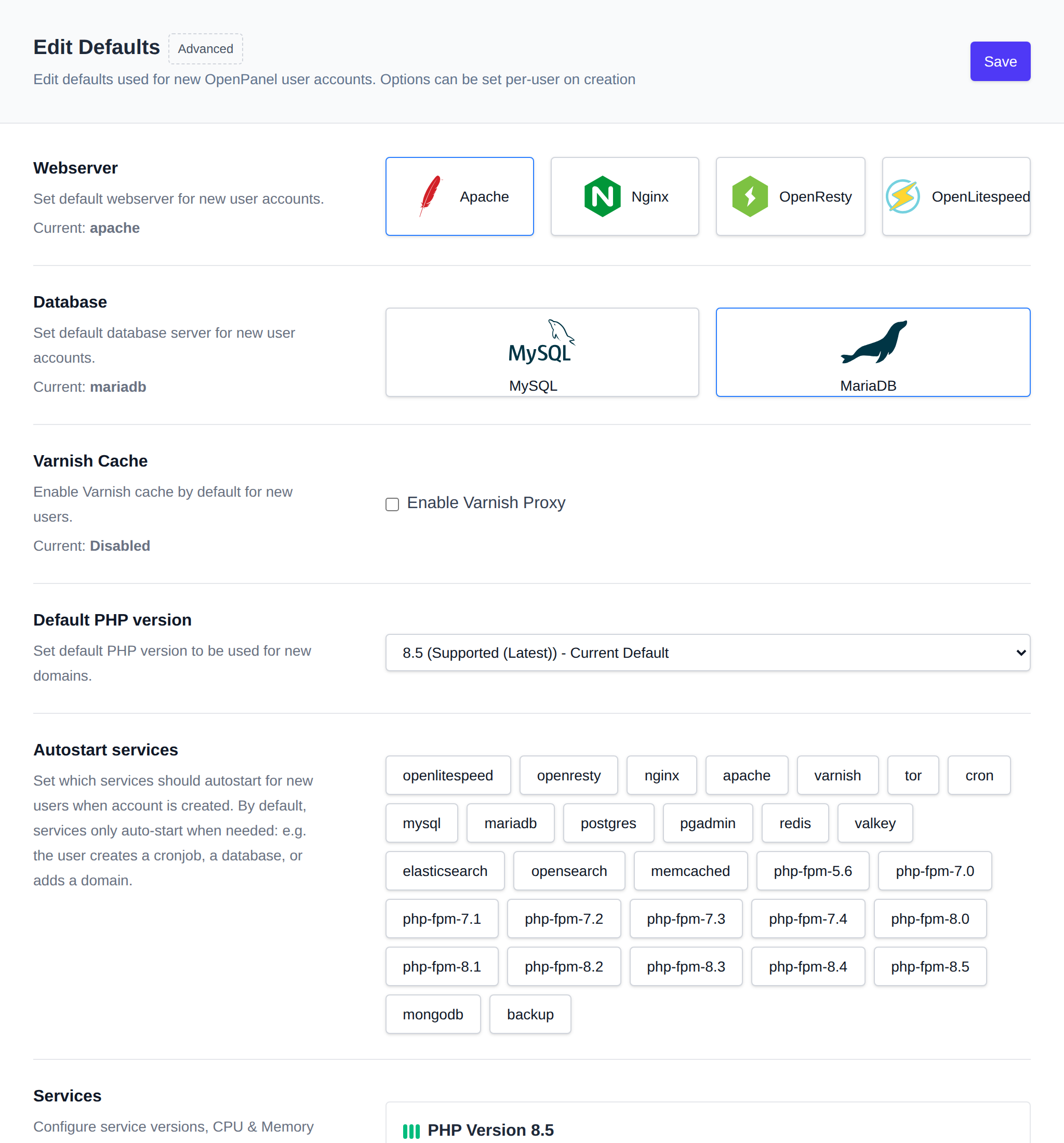 Edit Defaults page with the default webserver, database, Varnish cache, PHP version and autostart services for new users
