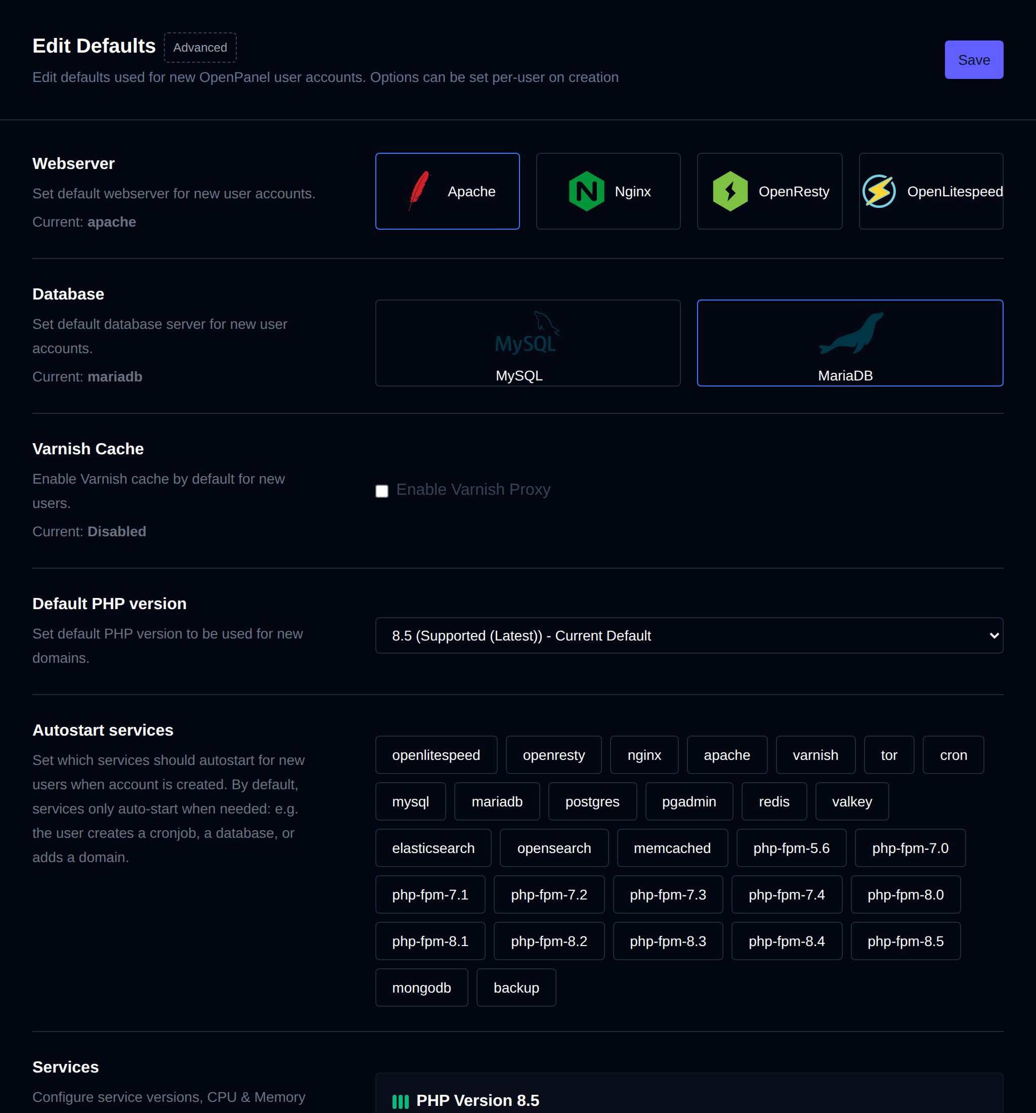 Edit Defaults page with the default webserver, database, Varnish cache, PHP version and autostart services for new users