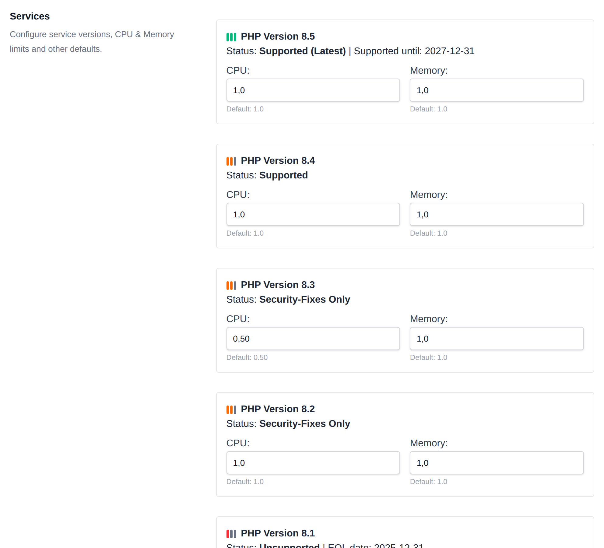 Service limits on the Edit Defaults page for new user accounts