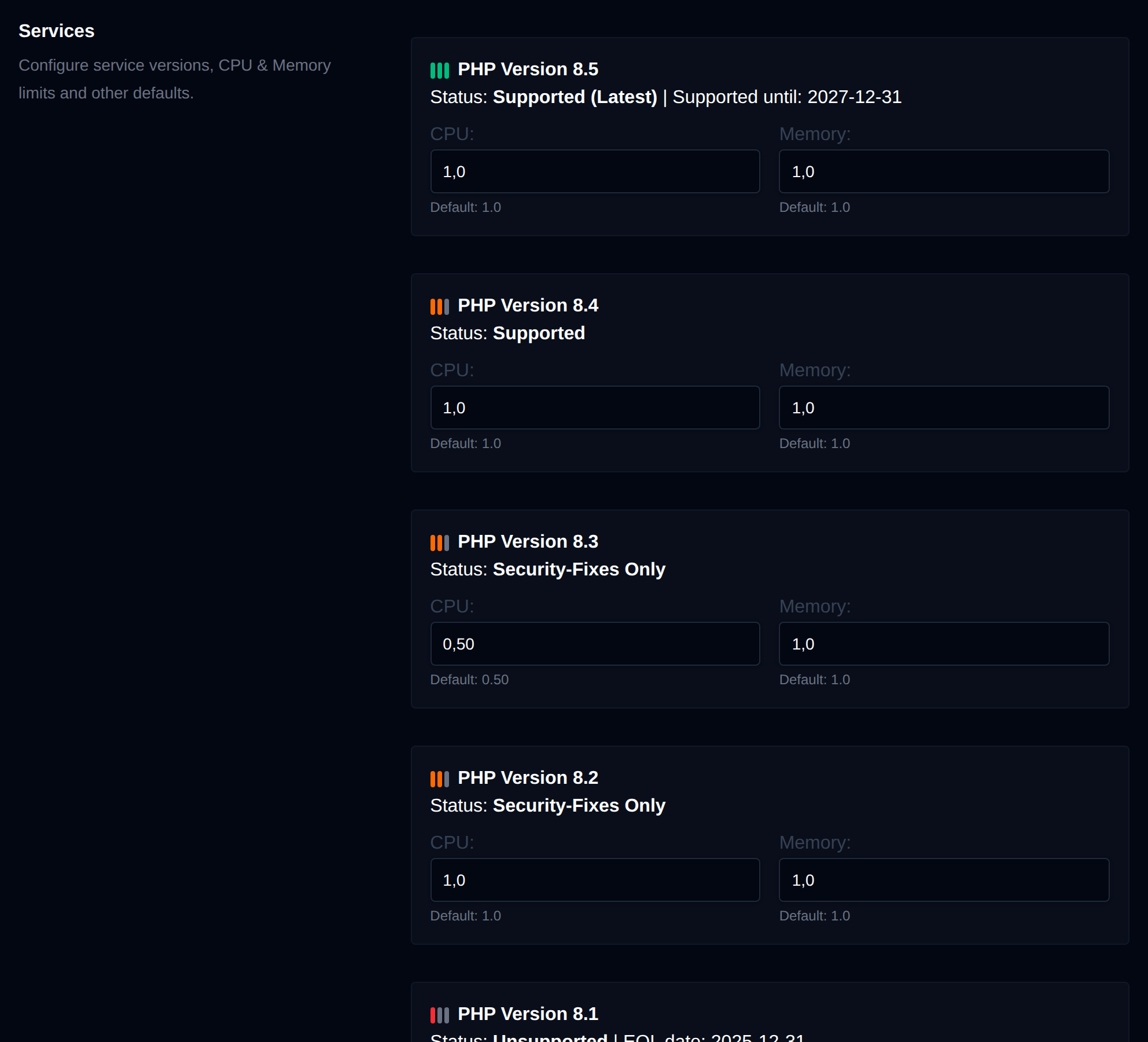 Service limits on the Edit Defaults page for new user accounts