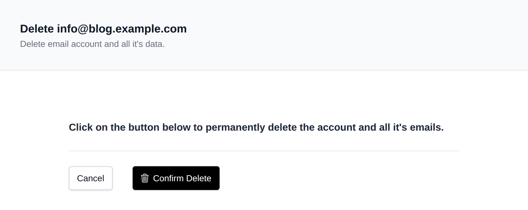 Delete email account confirmation for the selected address