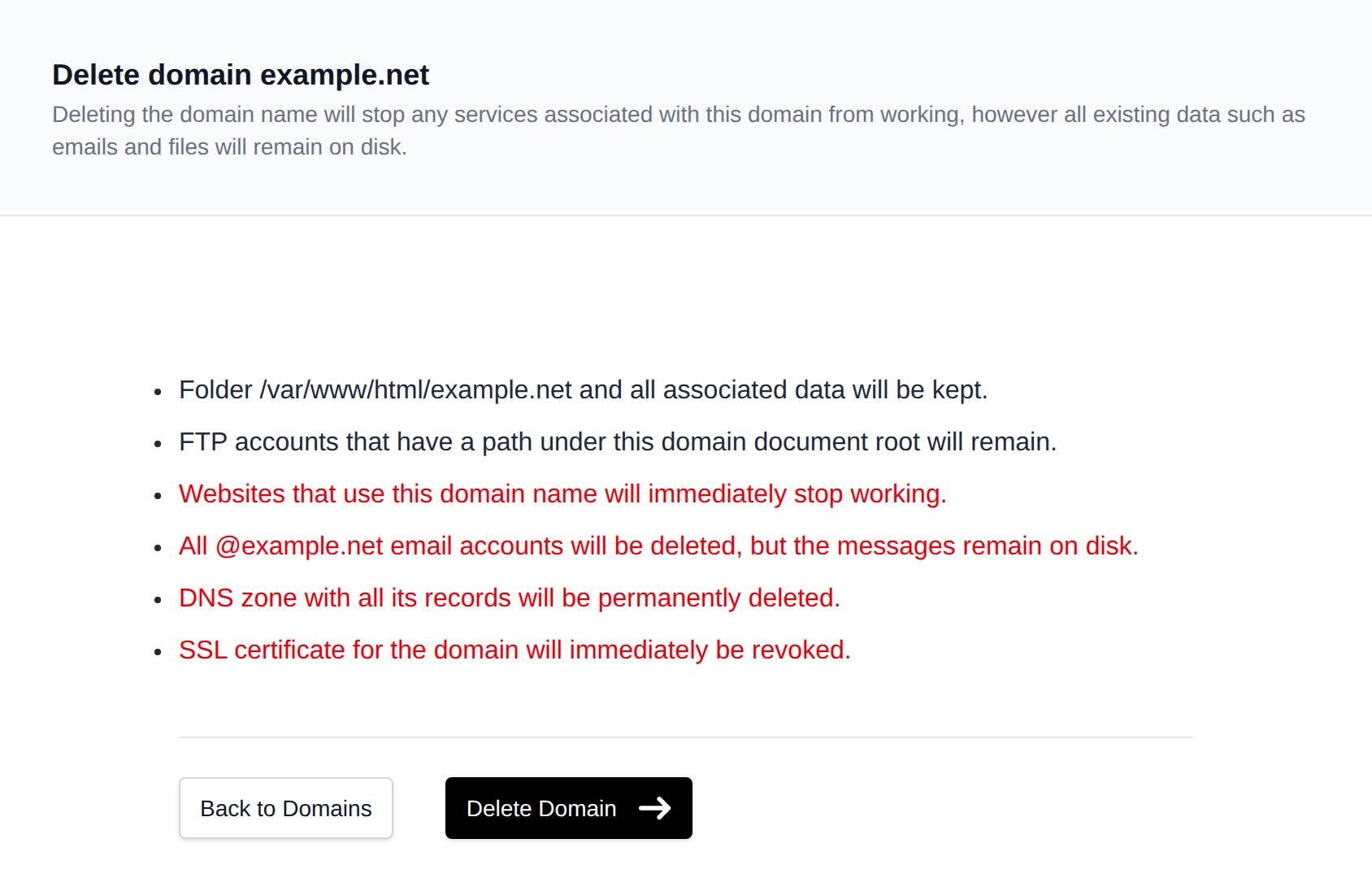 Delete domain confirmation page with the Delete Domain button