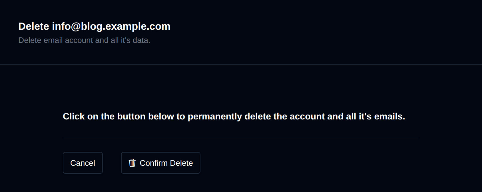 Delete email account confirmation for the selected address