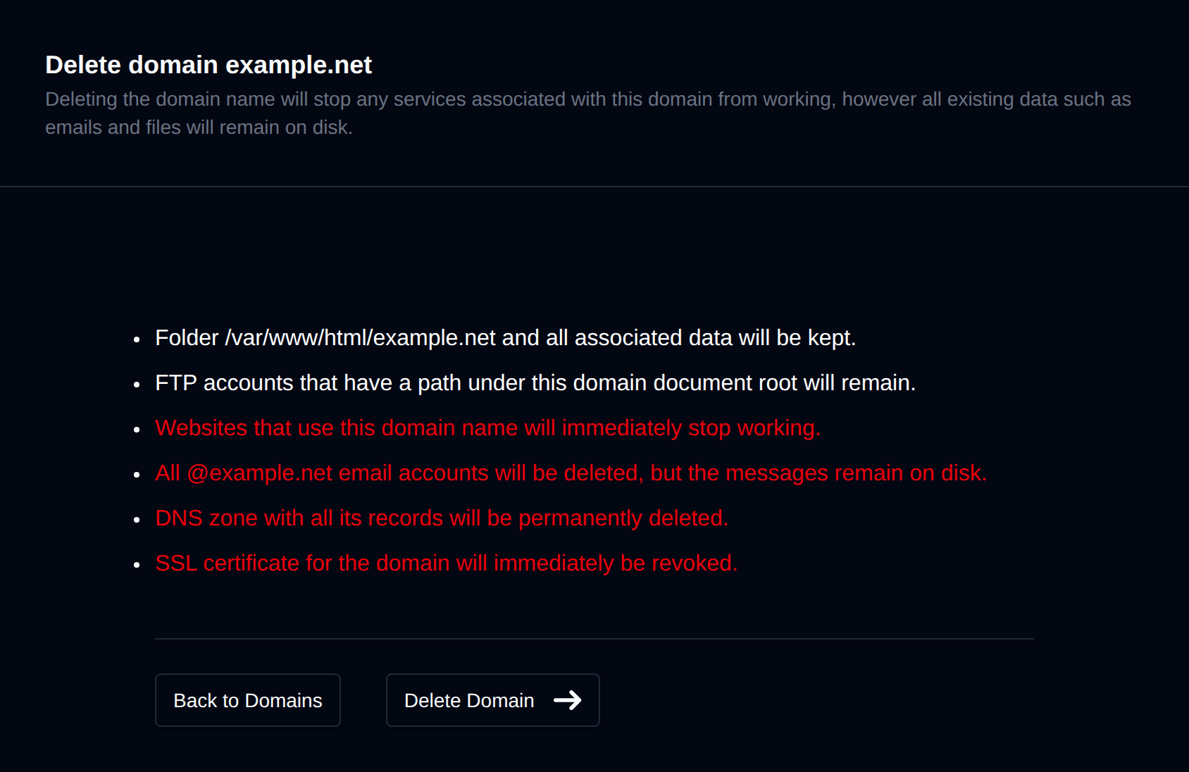 Delete domain confirmation page with the Delete Domain button