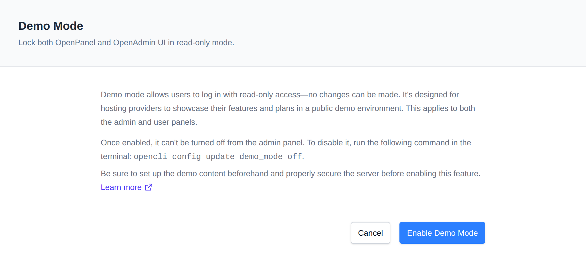 Demo Mode page with the option to lock OpenPanel and OpenAdmin in read-only mode and the Enable Demo Mode button