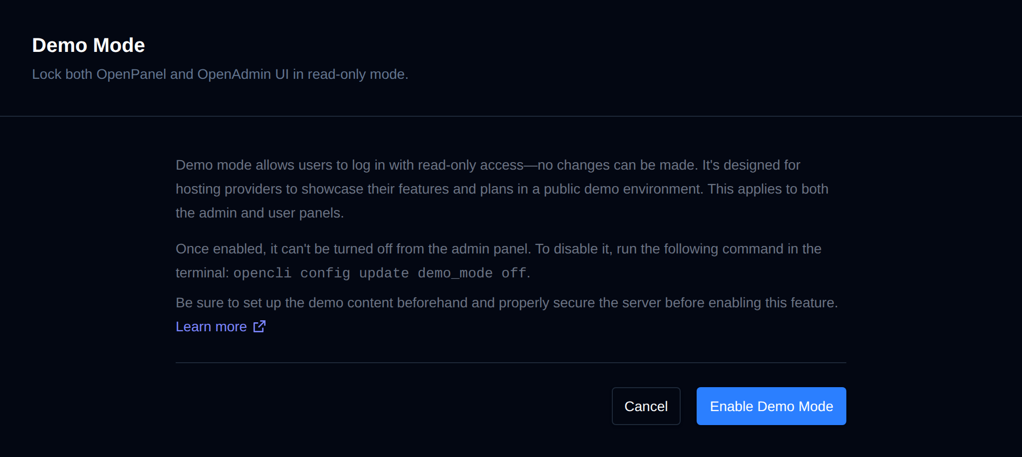 Demo Mode page with the option to lock OpenPanel and OpenAdmin in read-only mode and the Enable Demo Mode button