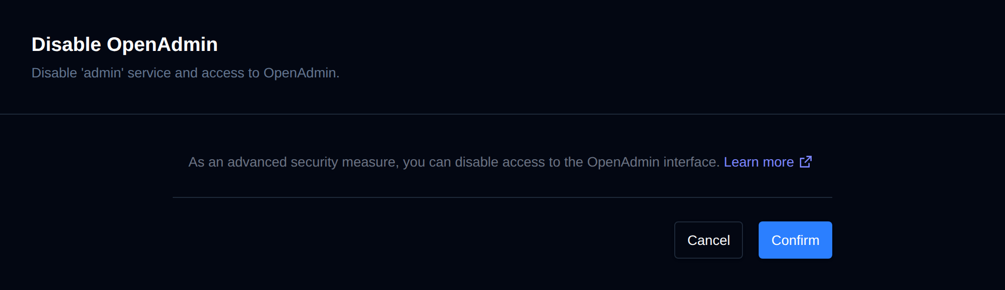 Disable OpenAdmin page with the Cancel and Confirm buttons