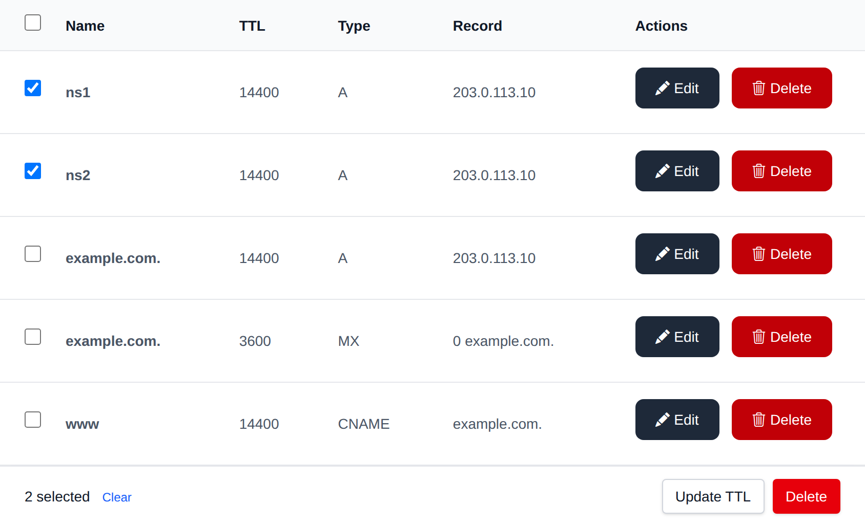 Two DNS records selected with the bulk actions bar offering Update TTL and Delete