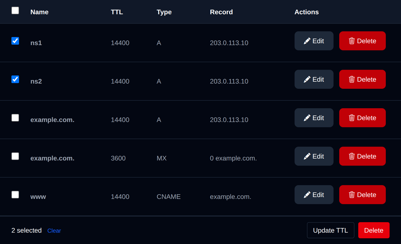 Two DNS records selected with the bulk actions bar offering Update TTL and Delete